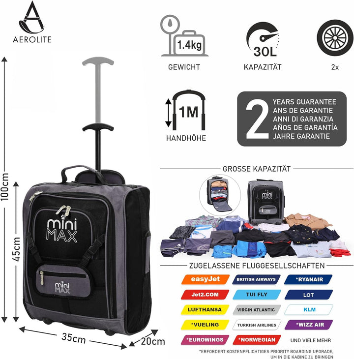 Aerolite Handgepäck Minimax Passt easyjet 45x36x20 Neu 2022 Unter Sitz Trolleys Rucksack Carry On Ha