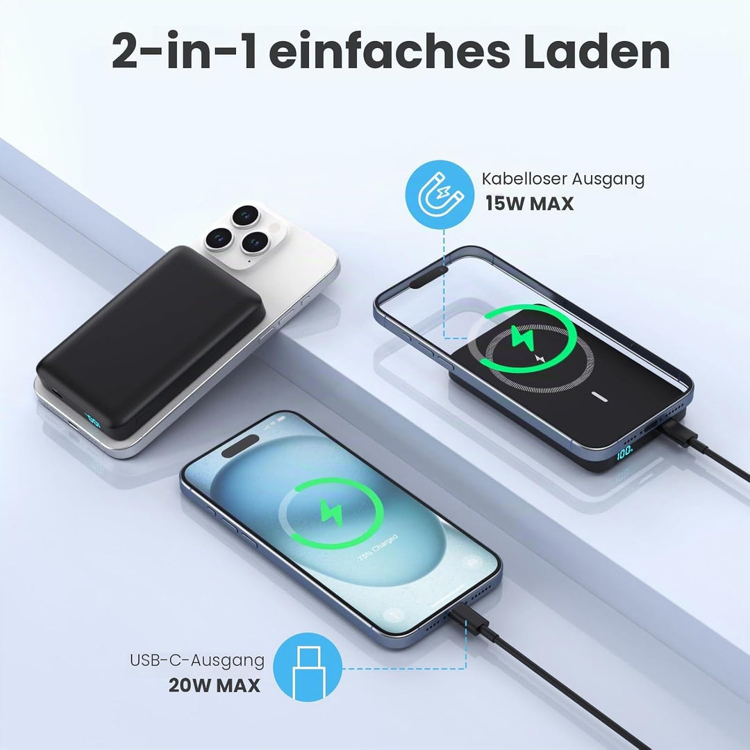 Magnetische Powerbank 10800mAh, PD 20W Schnellladung Wireless Power Bank mit USB-C Eingänge & Ausgan