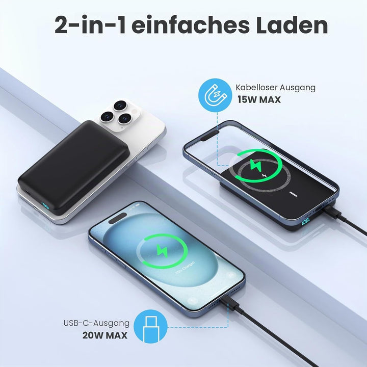 Magnetische Powerbank 10800mAh, PD 20W Schnellladung Wireless Power Bank mit USB-C Eingänge & Ausgan