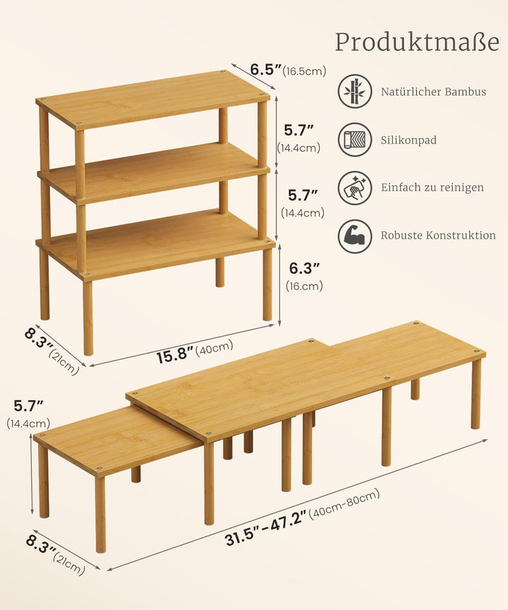 Fibogollo Bambus Schrank Organizer Ablage 3er Set, stapelbares Gewürzregal Gross Natur Braun Grossfo