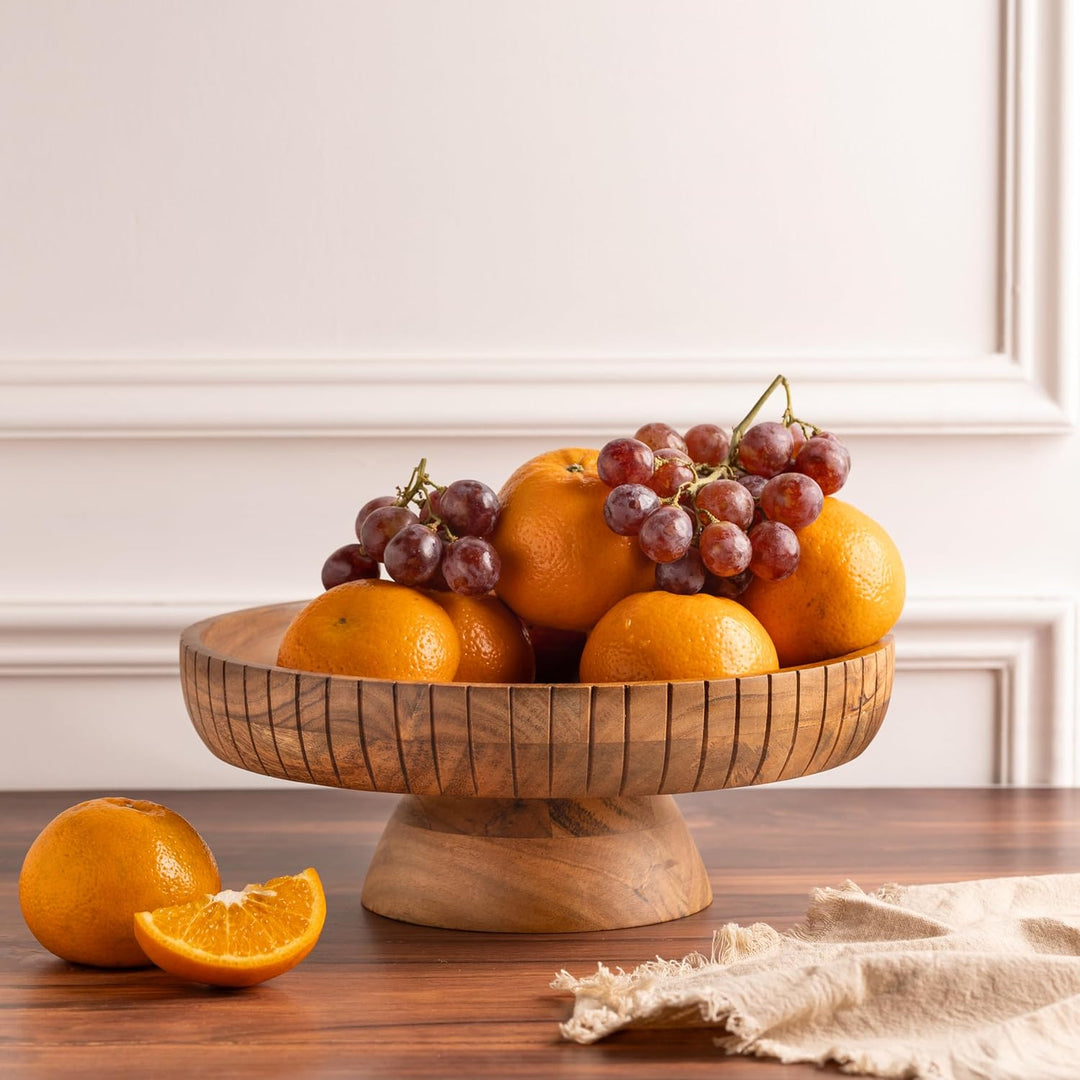 LAVAUK Obstschale aus Akazienholz mit Sockel, 30,5 cm Durchmesser, dekorative Schale als Tafelaufsat