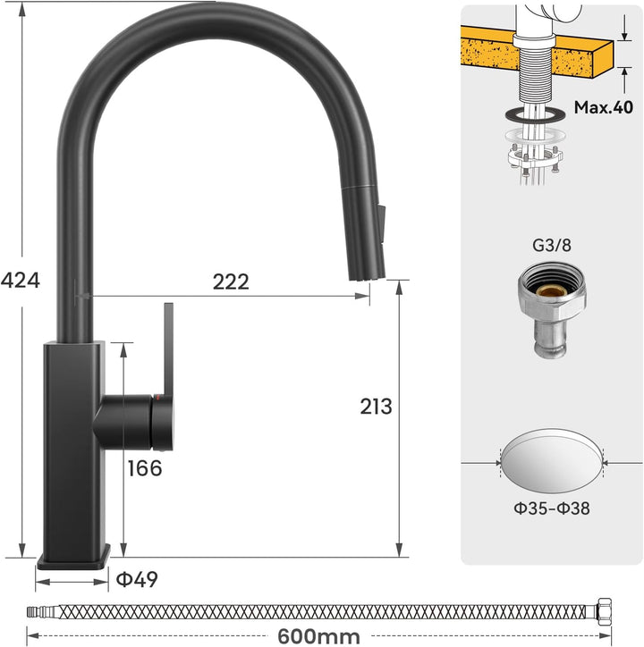 CECIPA Wasserhahn Küche Schwarz Ausziehbar, Küchenarmatur mit Brause Edelstahl, Spültischarmatur Hoc