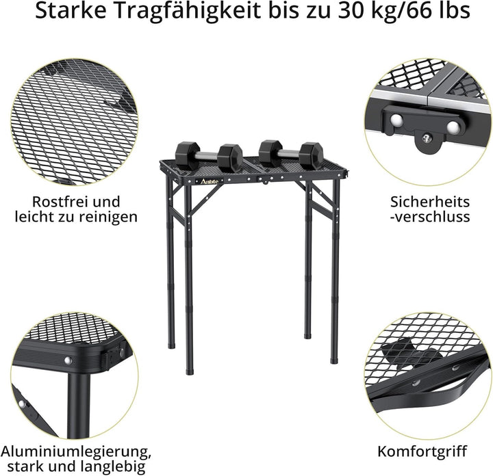 Anbte Campingtisch Klapptisch mit 3 Verstellbare Höhe Falttisch aus Aluminium 60 * 40cm Koffertisch