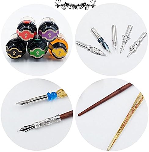 GC QUILL Kalligraphie Stifte Set Schönschreibfüller Holzstift und Glasstift mit 5 extra Federn 5 Far