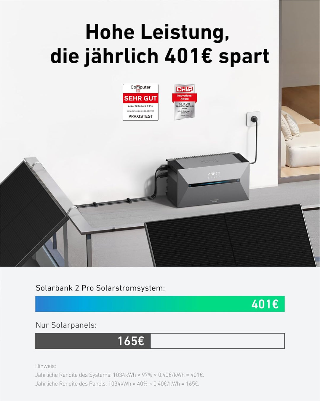 Anker SOLIX 2 Pro Solarbank+ 2× 500W Panel, Plug&amp;Play Balkonkraftwerk | Balkonkraftwerk mit Speicher