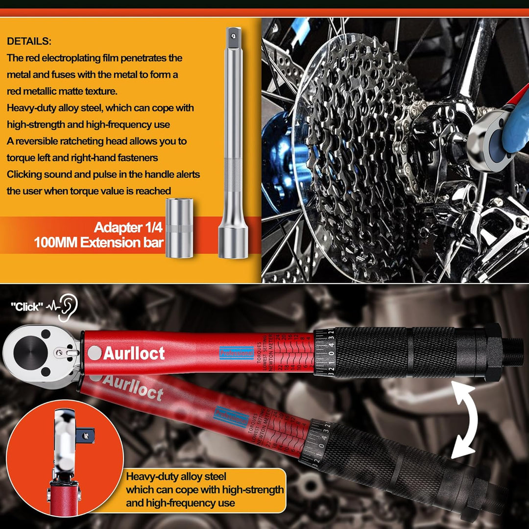 Aurlloct Drehmomentschlüssel 1/4 Zoll 2-24 Nm Satz, Fahrrad & Motorrad, 23-tlg. inkl. Verlängerung m