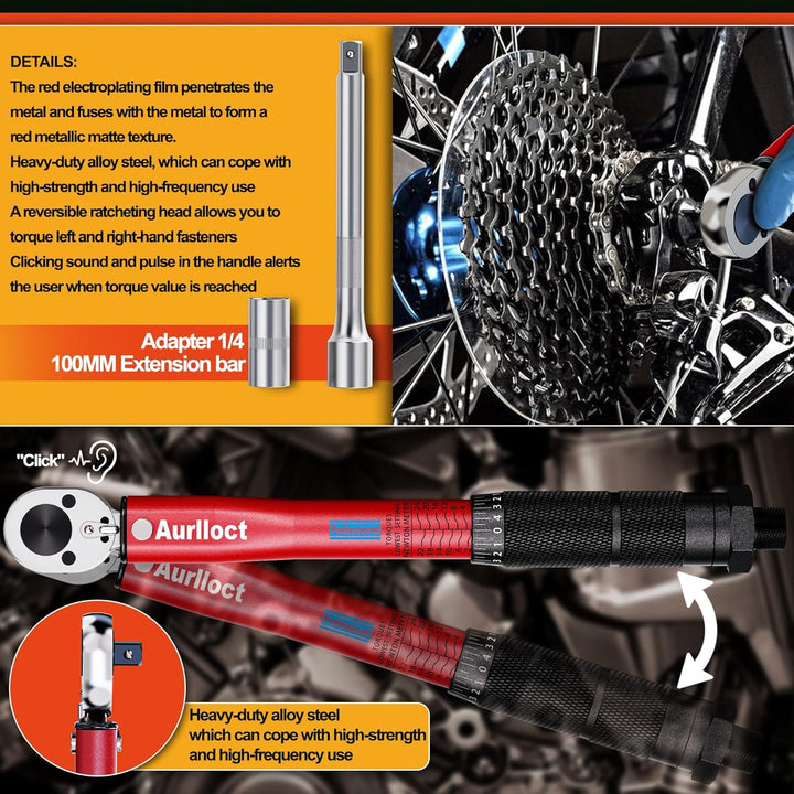 Aurlloct Drehmomentschlüssel 1/4 Zoll 2-24 Nm Satz, Fahrrad & Motorrad, 23-tlg. inkl. Verlängerung m