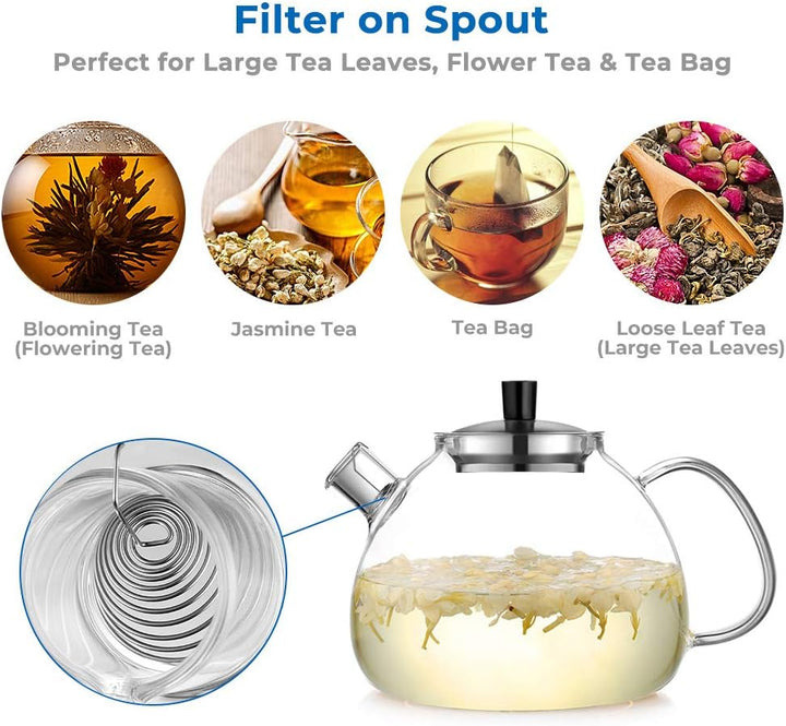Ecooe 1.5L Teekanne mit Stövchen, Teekanne Glas und Teewärmer Edelstahl Silber 1500 ml, Silber 1500