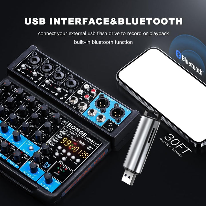 BOMGE 6-Kanal-Mini-DJ-Audio-Sound-Mixer-Konsole mit USB-Schnittstelle, Bluetooth, Stereo-Aufnahme, 4