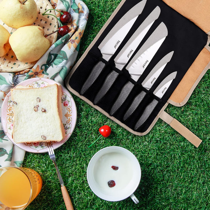 hecef Messerset mit 5 Slots Rolltasche und Messerscheide, Weinlese Stonewashed Edelstahl Messer Set