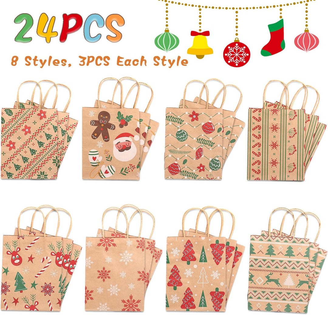 24 Stück Papiertüten Weihnachten Geschenktüten mit Henkel, Braun Weihnachtstaschen Weihnachtsgeschen