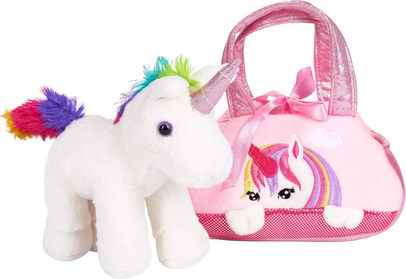 BRUBAKER Einhorn Tasche Regenbogen - 20 cm - Plüschtier in Handtasche - Plüsch Stofftier Kuscheltier