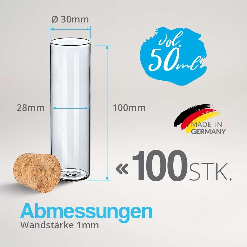 Tuuters 100x Glas Reagenzgläser mit Korken, Flachbodenglas (100 x Ø 30mm) | Glasröhren mit Flachbode