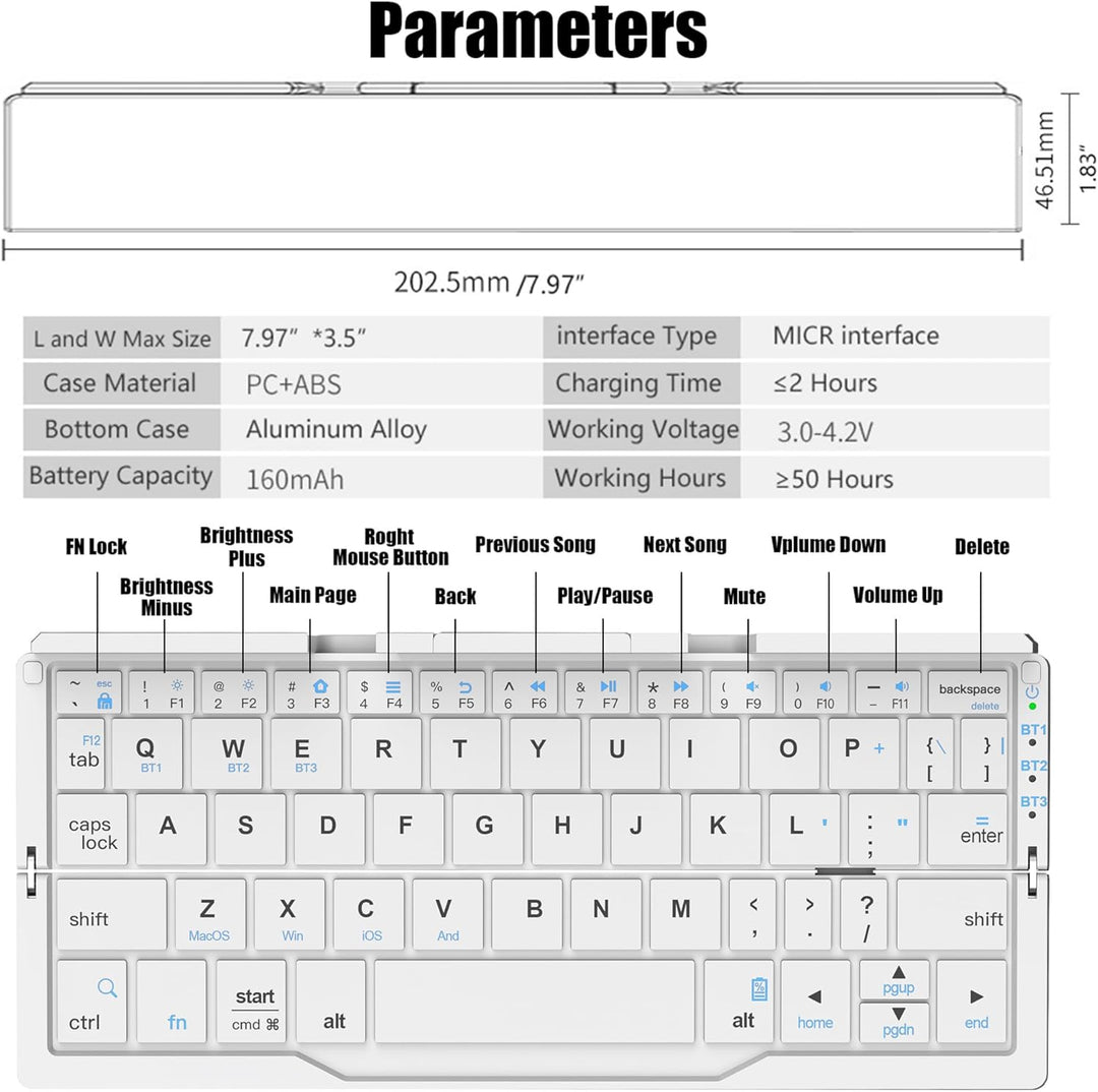 Leise Tastatur Faltbare QWERTY BT mit Magnetischem Ständer, Aluminium Mini Tragbare Kabellose Tastat