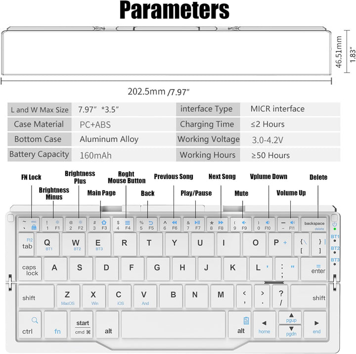 Leise Tastatur Faltbare QWERTY BT mit Magnetischem Ständer, Aluminium Mini Tragbare Kabellose Tastat