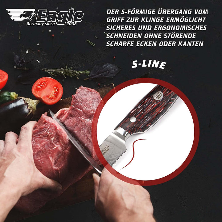 Eagle U-Grip - Chefmesser 23 cm Klingenlänge - Voll-Damaststahl 108 Lagen/Heftschalen: G10 schwarz-r