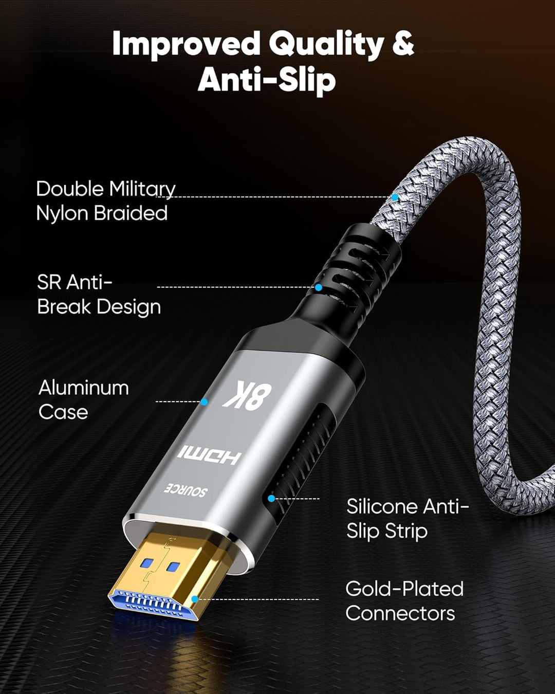Highwings HDMI Kabel 20Meter 8K, HDMI 2.1 Kabel 48Gbps Ultra Highspeed 8K@60Hz 4K@120Hz 7680P HDR10