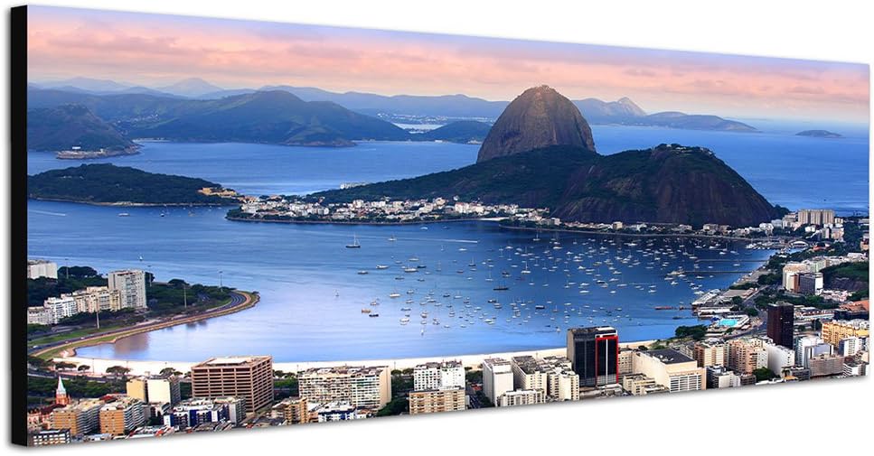 Paul Sinus Art Panoramabild auf Leinwand und Keilrahmen 150x50cm Rio De Janeiro Zuckerhut Meer Boote