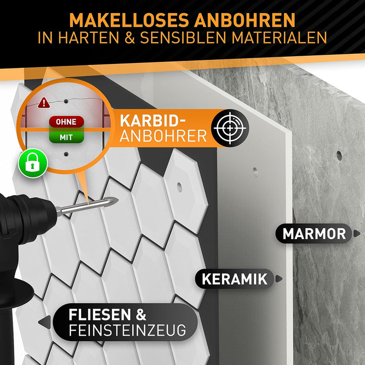 HARDTWERK Turbo Diamantbohrer 6-tlg. Fliesenbohrer Set [6, 8, 10, 12mm] mit 6mm Karbid-Anbohrer (ink