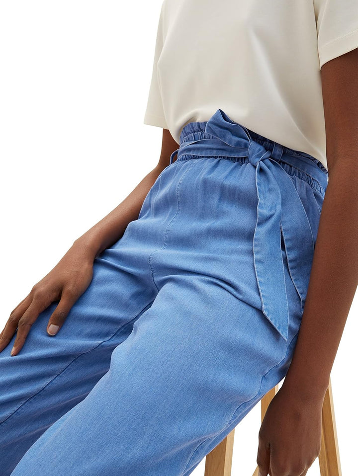 TOM TAILOR Denim Damen Tapered Relaxed Fit Paperbag Hose mit Bindegürtel S 12328 - Bright Mid Blue C