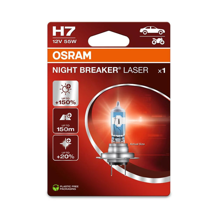 Osram NIGHT BREAKER LASER H7, +150% mehr Helligkeit, Halogen-Scheinwerferlampe, 64210NL-1BL, 12V PKW