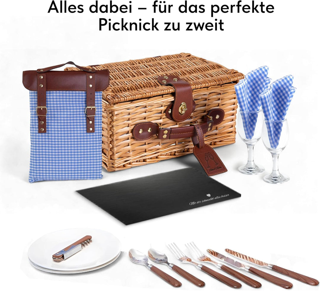 Personalisierter Picknickkorb für 2–4 Personen – Weide + Futterstoff (Rot/Blau/Grün) – Gravur auf Kö