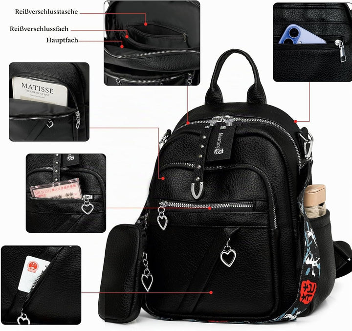 JANSBEN Leder Rucksack Damen Klein, Elegant Cityrucksack Modern Anti-Diebstahl Tagesrucksack Backpac