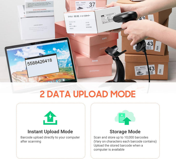 Tera Pro kabelloser 2D-Barcode-Scanner, Bluetooth, QR-Code-Leser mit Ständer, 2.200 mAh, schnelles u