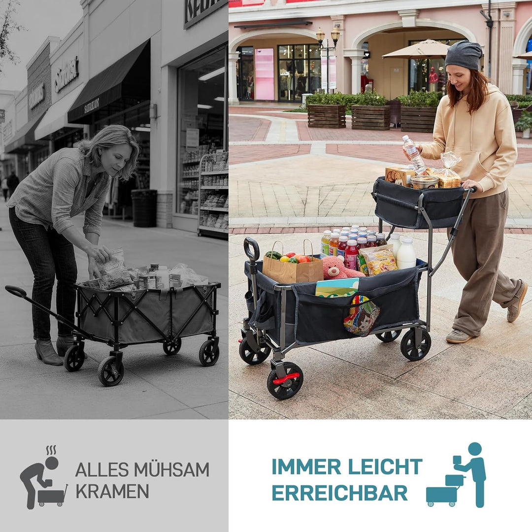 EVER ADVANCED Bollerwagen faltbar schieben&ziehen mit Bremse Einkaufskorb Getränkhalter Seitentasche