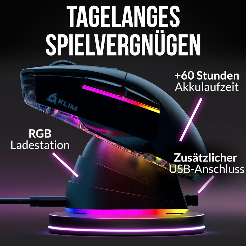 KLIM Blaze X RGB + NEU 2023 + Wiederaufladbare kabellose Gaming-Maus mit Ladestation + Langlebiger A