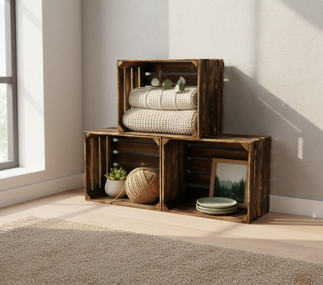 Geflammte Holzkisten im Set-Angebot: Originale, vintage Obstkisten Apfelkisten aus dem alten Land zu