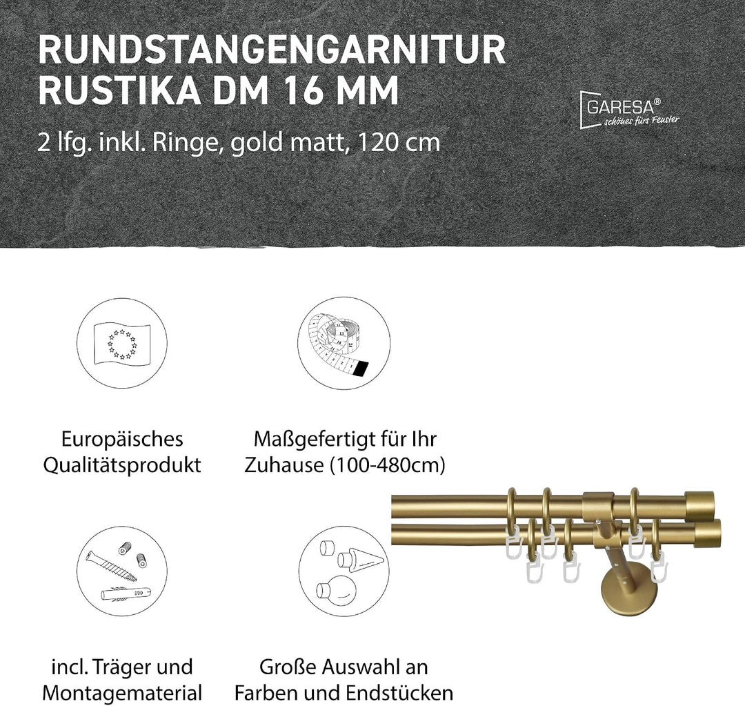 Garesa Gardinenstange Rustika Ø 16mm, 2-läufig, Gold, matt I Rustikale Vorhangstange aus Metall inkl