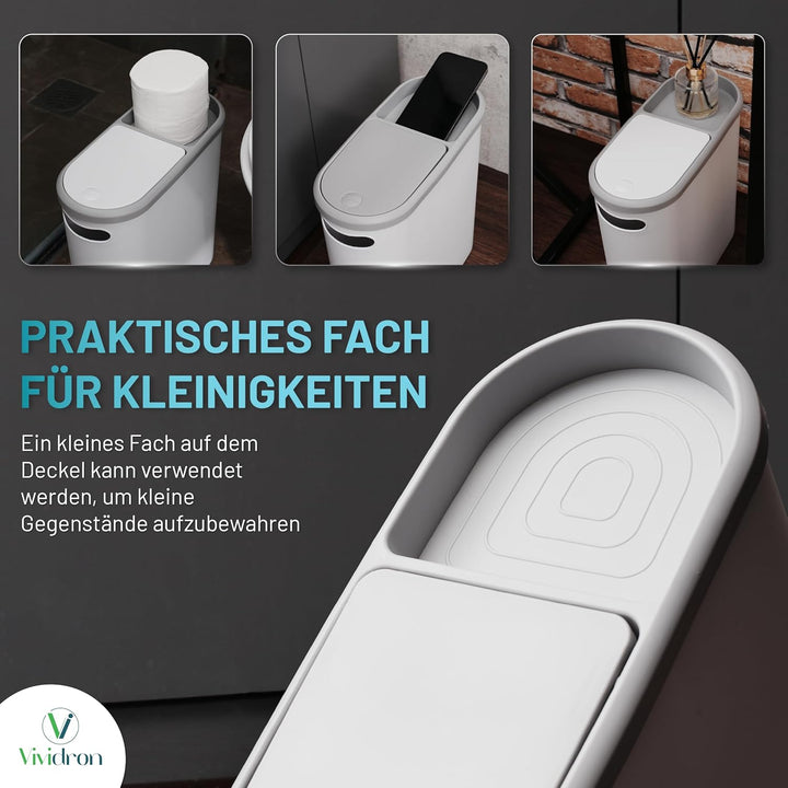 Kleiner Mülleimer mit Deckel 10L, schmaler Abfalleimer mit Pressfunktion, für Bad, Küche und Schlafz