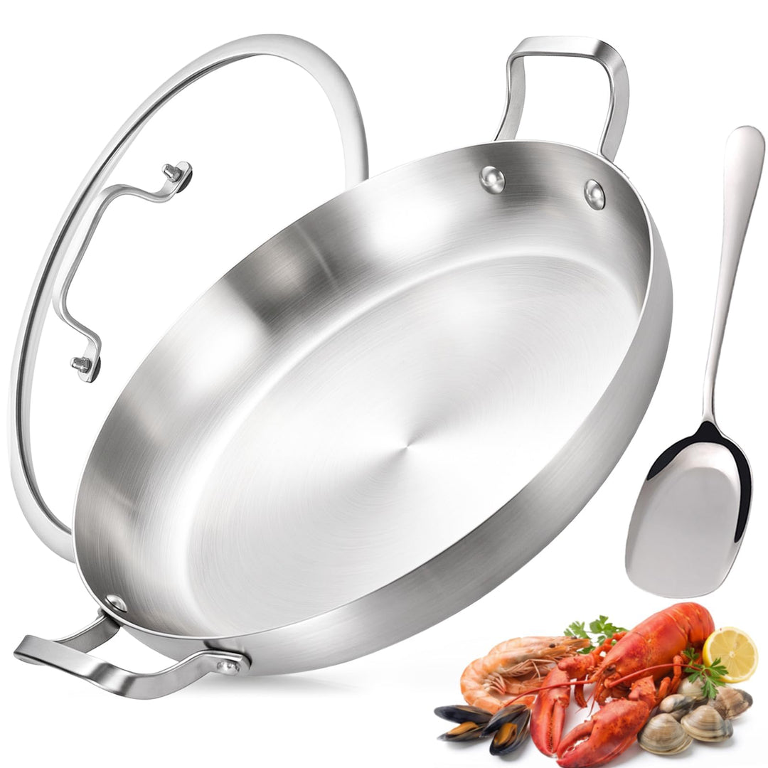 Inqibee Paella Pfanne 30 cm mit Deckel, Edelstahl Paellapfannen, Edelstahlpfanne Unbeschichtet, Stai
