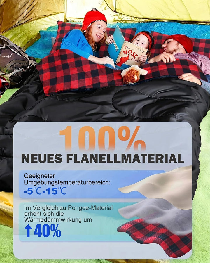Doppelschlafsack Flanell, 2 Personen Schlafsack Outdoor 220 x 160 cm, Verbesserter Doppel Zippern, m