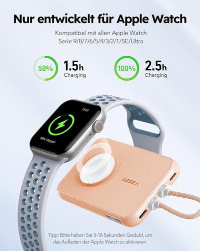 VEGER Mini Power Bank 20W PD, 10000mAh Powerbank mit Eingebautem Apple Kabel, mit Apple Watch Laden,