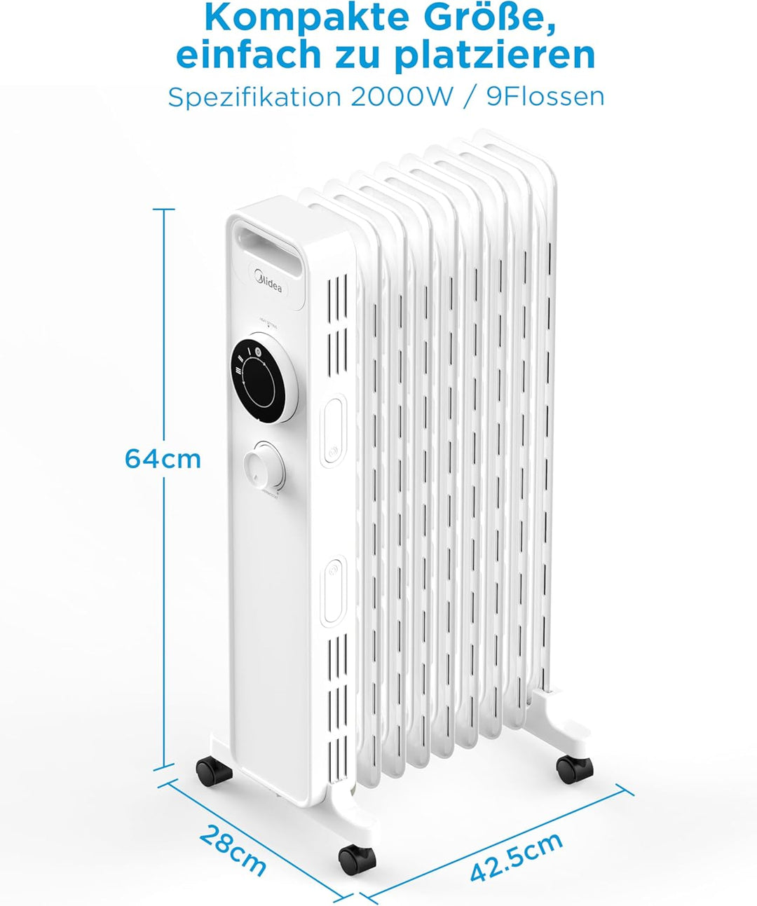 Midea NY2009-22M Ölradiator 2000W Energiesparend Leise, Elektroheizung mit 9 Rippen, Thermostat,3 He