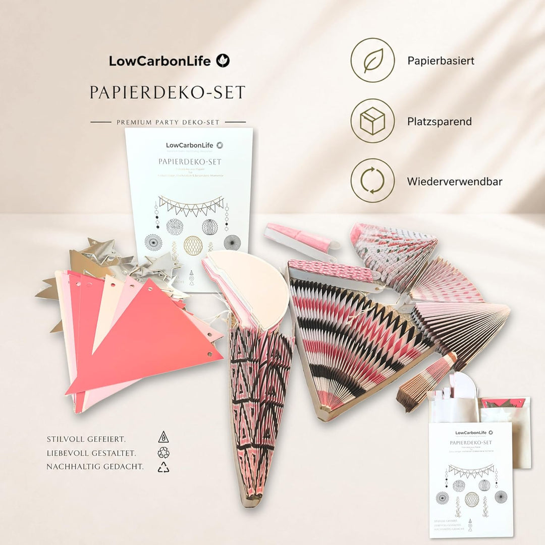 Geburtstagsdeko Set Rosa 16-teilig – Papierfächer Wabenbälle Wimpelkette Happy Birthday Girlande Ste