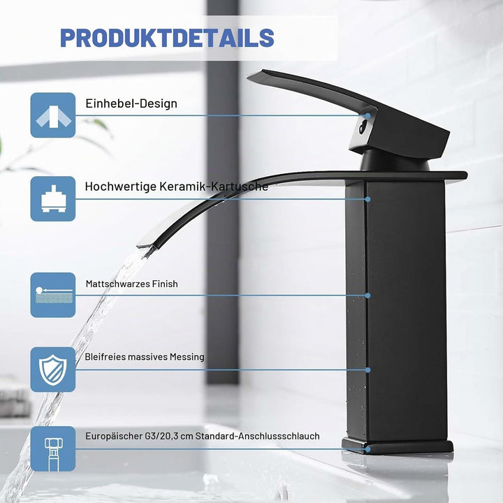 kisimixer Wasserhahn Bad Schwarz Wasserfall, Waschtischarmatur Bad Schwarz, Badarmatur Einhand Wasch