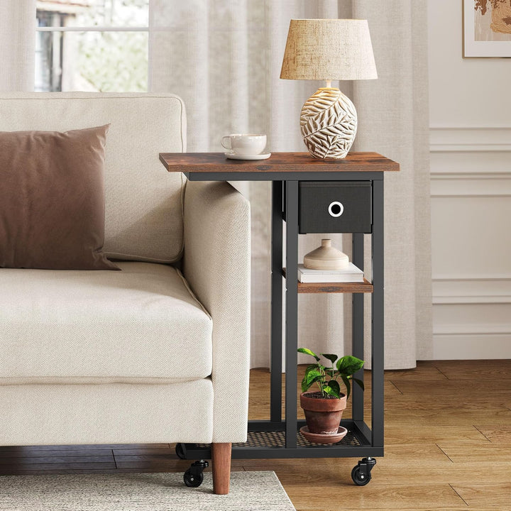 YITAHOME Beistelltisch, C-Form Sofatisch mit Rollen und Schublade，Wohnzimmertisch für Kaffee und Lap