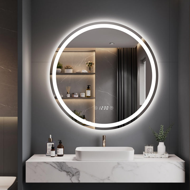 Dripex Badspiegel mit Beleuchtung Rund Led Spiegel mit Uhr und Touch-Schalter, Dimmbar, 3 Lichtfarbe