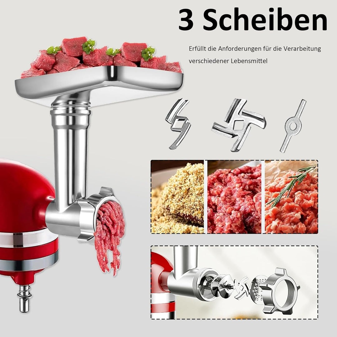 Edelstahl Fleischwolf Aufsatz für Kitchenaid, Mit 4 Gemüseschneideaufsatz 4 Mahlscheiben 3 Klingen 3