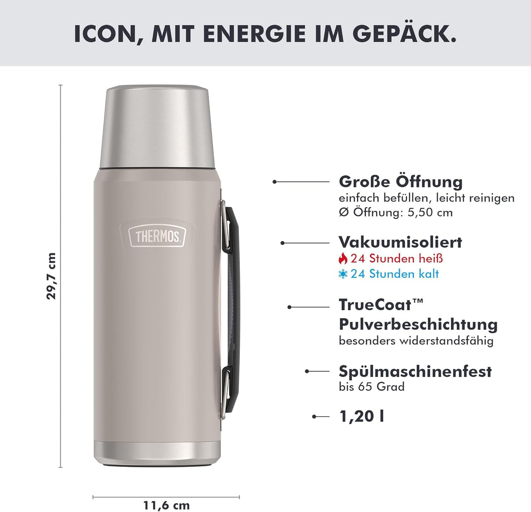 THERMOS ICON BEVERAGE BOTTLE 1,20l, beige/sandstone mat, Thermosflasche 1200ml, Isolierflasche mit T