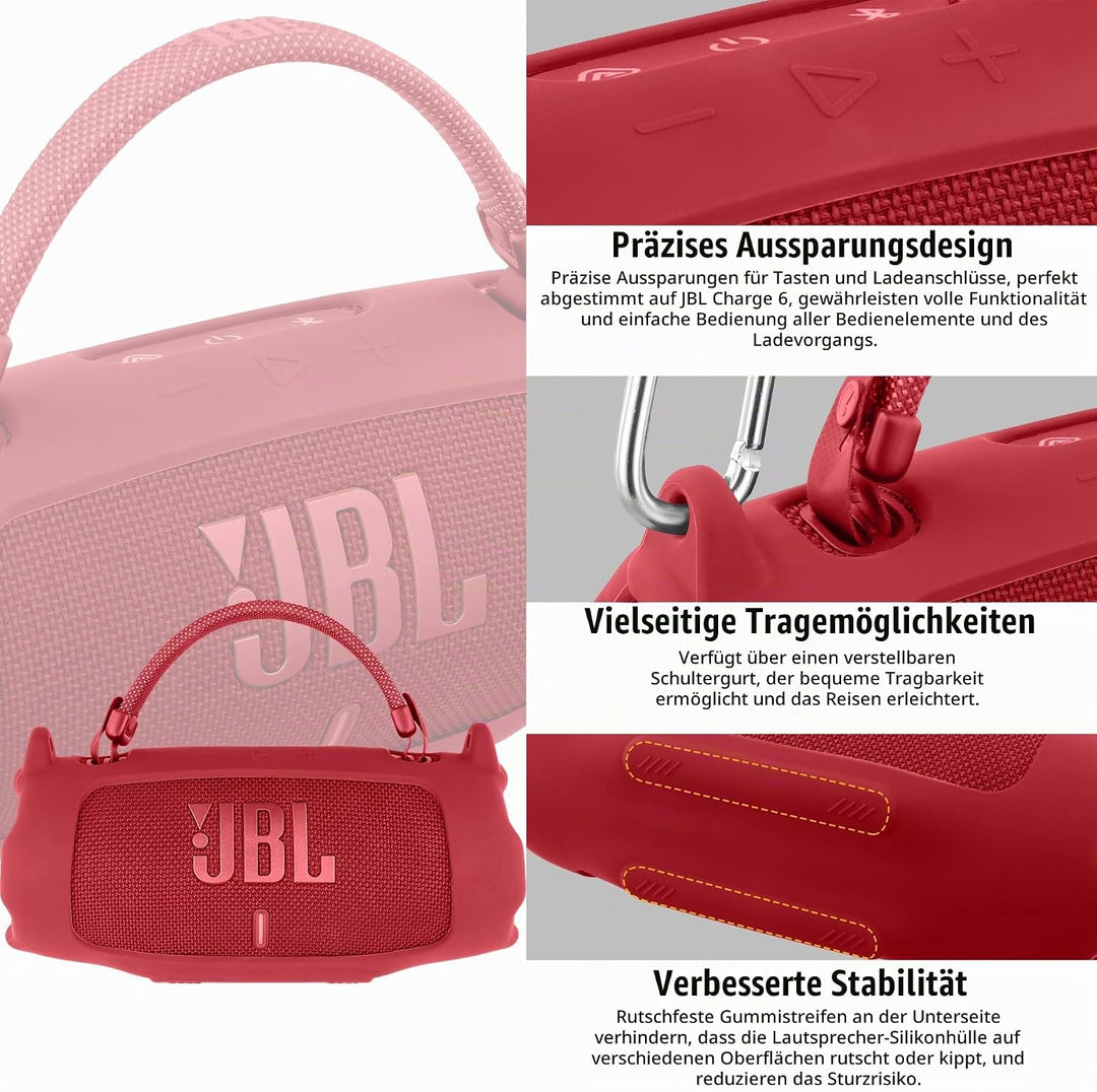 Khanka für JBL Charge 6 Silikon-Schutzhülle mit abnehmbarem Schultergurt &amp; Utility-Haken, Flexible w