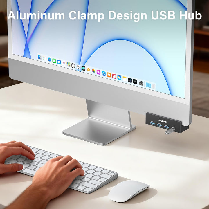 JESWO USB Hub, USB 3.0 Hub mit Clip, 4 Port USB Verteiler aus Aluminium, 5V Stromanschluss und 150cm