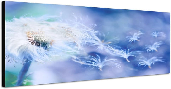 Paul Sinus Art Panoramabild auf Leinwand und Keilrahmen 150x50cm Pusteblume Löwenzahn Windstoss Blau