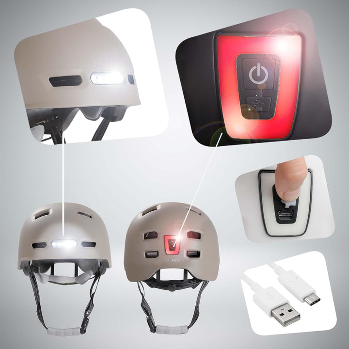 Crazy Safety Vertigo Matt Schwarz Fahrradhelm mit Vorder- und Rücklicht USB | Skater-Helm für Roller