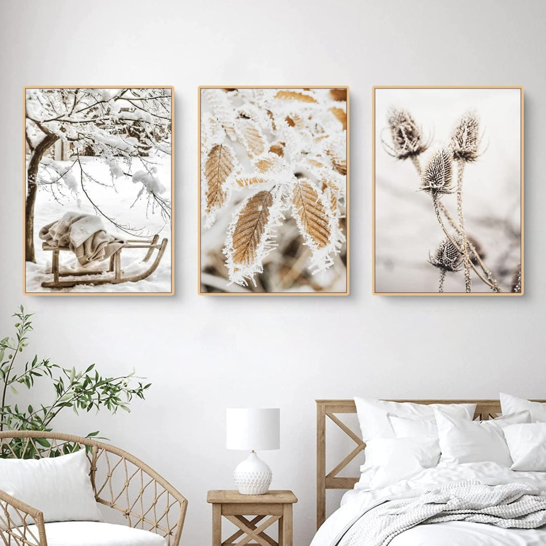 TROYSINC 3er Premium Poster Set, Winter Bilder, Elch, Holzhaus, Wald Wandkunst Wandbilder, Leinwand