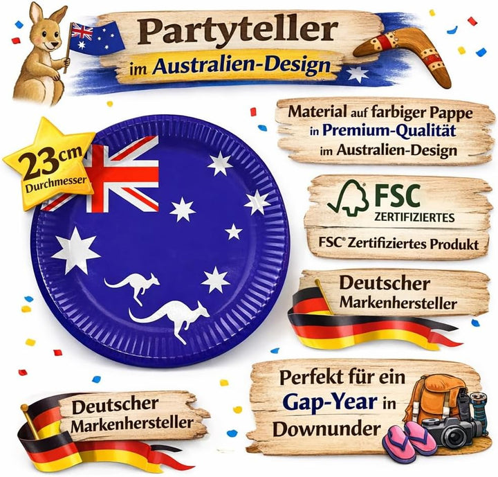 DH-Konzept/CARPETA 37-TLG. Party-Set * AUSTRALIEN * mit Pappteller + Servietten + Pappbecher + Lufts