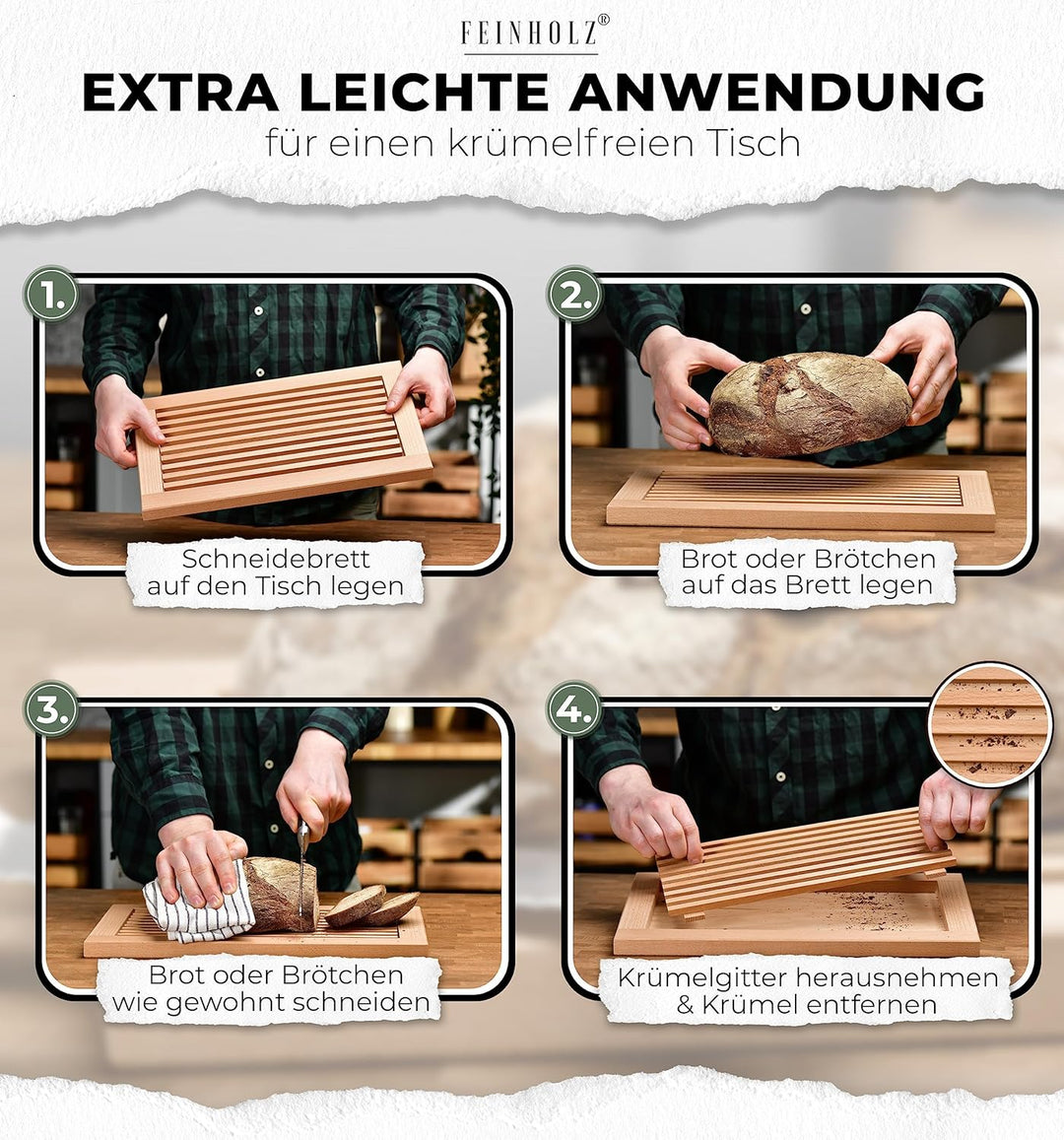 FEINHOLZ Brotschneidebrett mit Krümelrost aus Holz • 40cm x 25cm • Buchenholz geölt • Schneidebrett
